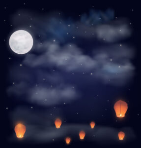 Chinese lanterns and full moon in night sky